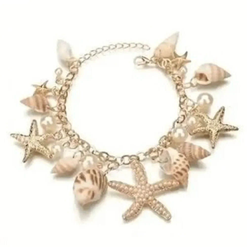 Chunky Golden Beach Starfish Concho Shell Pearl Necklace and Bracelet Set